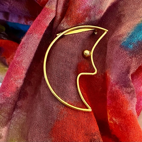 Jewelry - Vintage 70s/80s "Man in the Moon" Gold-Tone Brooch, Retro, Unique Collectible